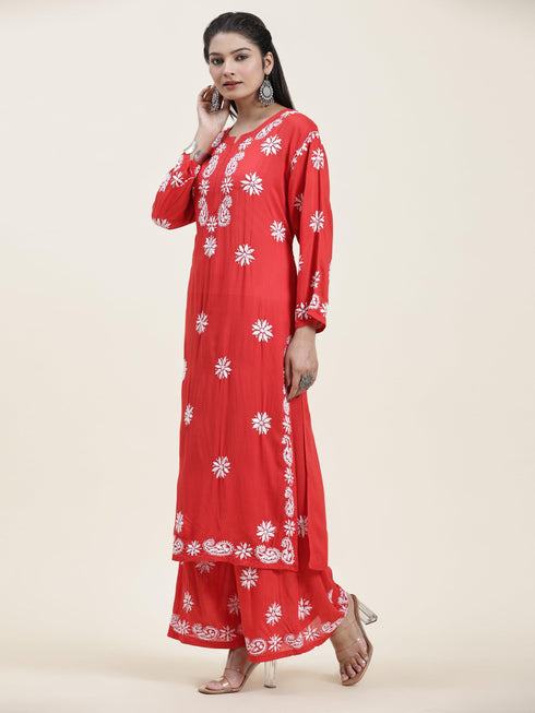 Samma Chikankari CO-ORD Set In Modal Cotton for Women In RED